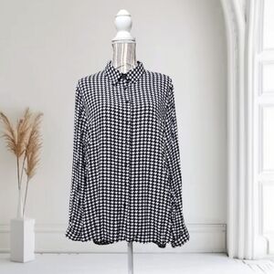 Big Dart Retro Black & White Houndstooth Plaid Button Up Long Sleeve Blouse